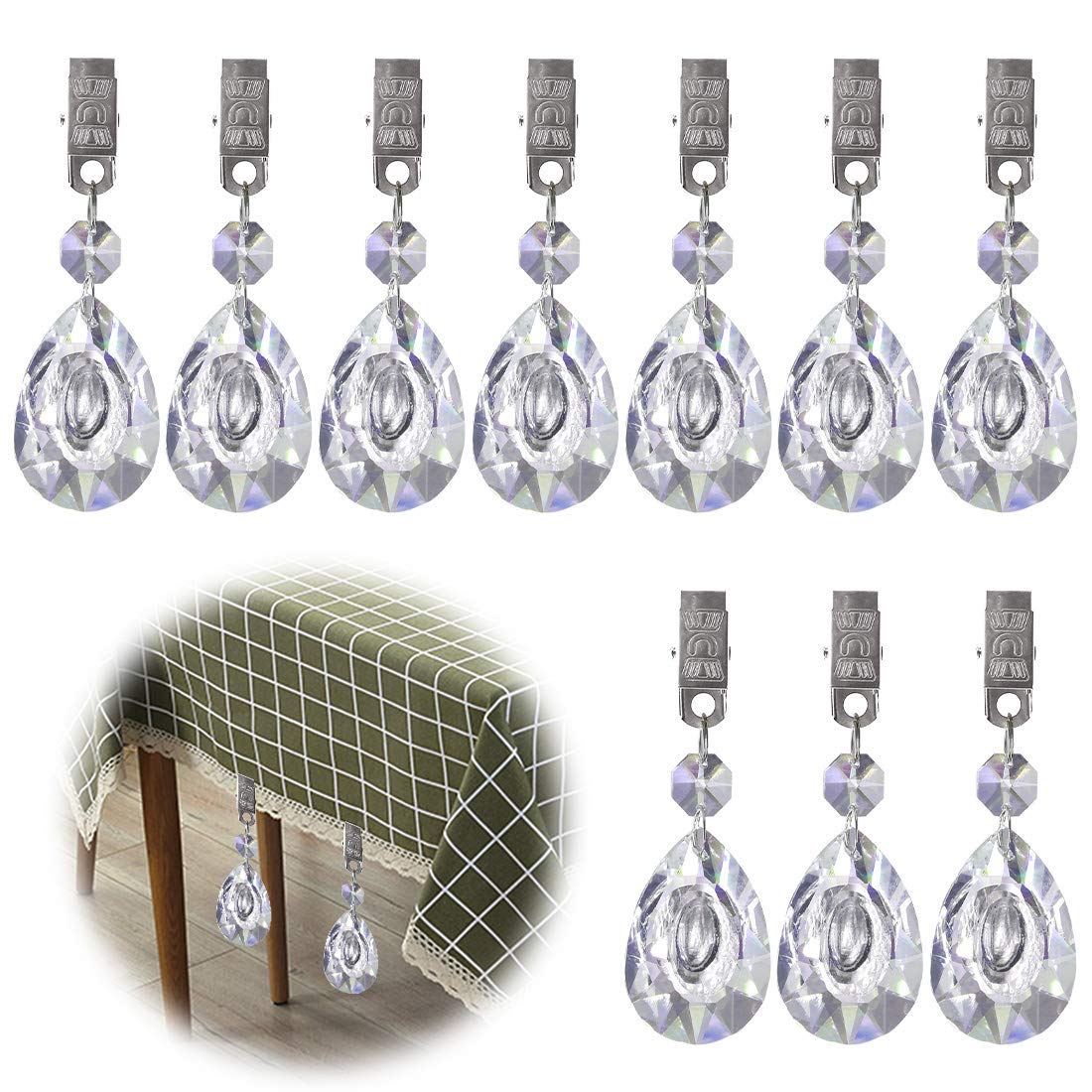 Glarks Tablecloth Weights Set, 10Pcs Metal Clip AB Crystal Glass Teardrop Prisms Pendant Tablecloth Weights (Longan)