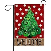 Dyrenson Welcome Christmas Tree Decorative Garden Flag, Red Xmas Snowball Farmhouse Yard Outside Home Decoration, Winter Holiday Rustic Burlap Outdoor Small Decor Double Sided 12 x 18