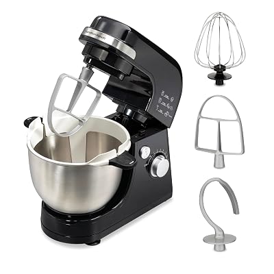 Hamilton Beach Electric Stand Mixer, 4 Quarts, Dough Hook, Flat Beater Attachments, 7 Speeds, Whisk, Stack & Scrape Bowl Scraper, Black