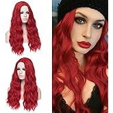 DWMGLP 24" Long Red Curly Wavy Wig For Women Heat Resistant Fiber Wigs Halloween Cosplay Daily Party+Cap (Red)