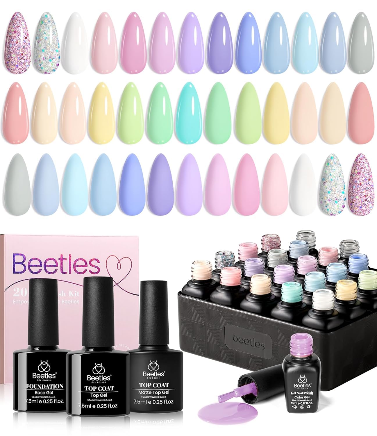 Beetles Gel Nail Polish - 20 Pcs Pastel Paradise Soak Off, Nude Gray Pink Blue Glitter Gel Polish Starter Kit with Glossy Matte Top Base Gel Coat Manicure Kit