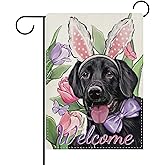 Dyrenson Welcome Easter Black Labrador Dog Decorative Garden Flag, Tulip Flower Yard Outside Home Decorations Pet Lover Gift, Spring Burlap Outdoor Small Decor Double Sided 12 x 18