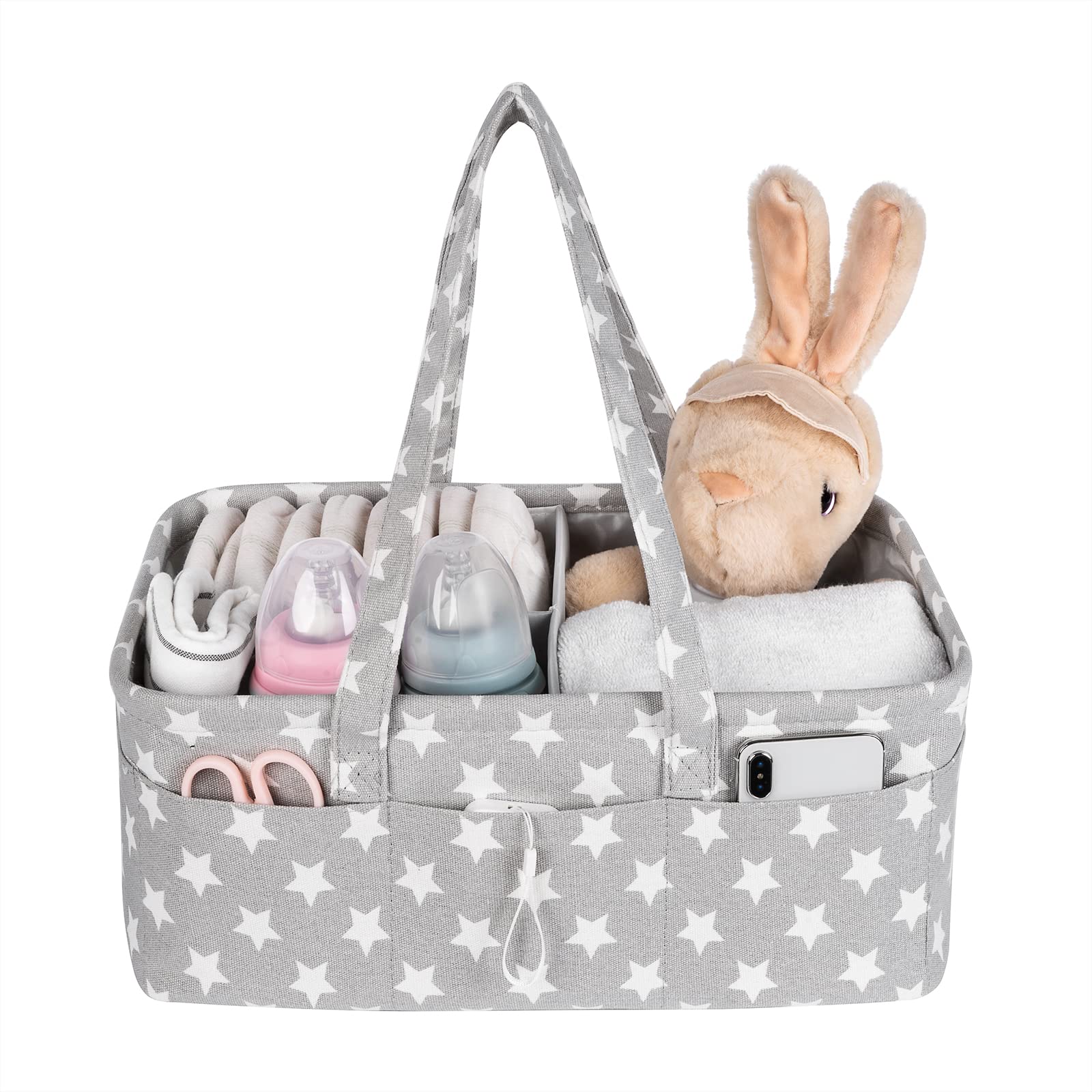 Baby Nappy Caddy - Nursery Storage Bin and Car Organizer for Diapers and Baby Wipes - Grey