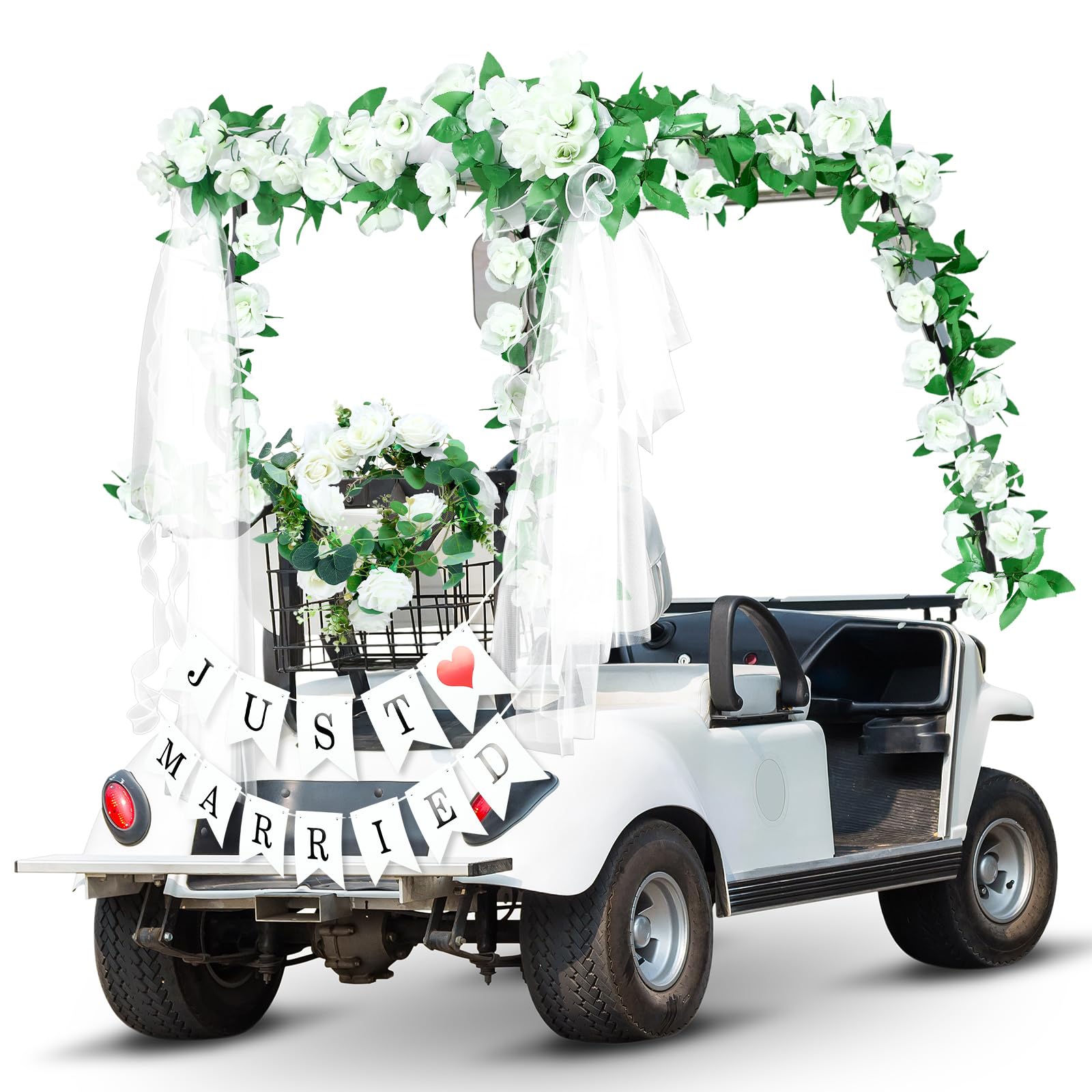 Photo 1 of Wedding Golf Cart Decorations Golf Cart Rose Garland with Just Married Banner Sheer Chiffon Wedding Draping Fabric Accessories for Anniversary Decorations