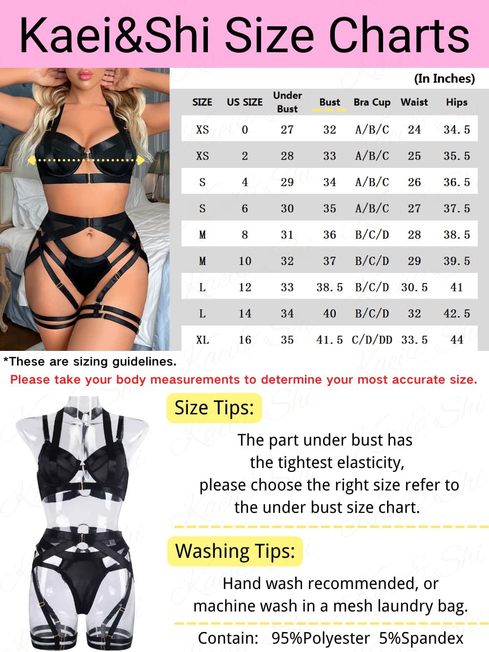 Kaei&Shi Strappy Harness, All Adjustable, Underwire Racerback, 4pc Garter Set