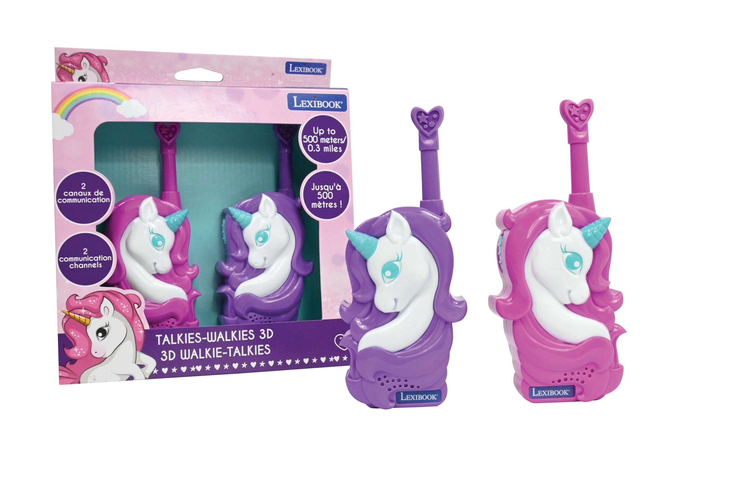 LEXIBOOK, Unicorn, 3D Unicorn Walkie-Talkies, 500m Range, 2 Communication Channels, Belt Clip, Pink/Purple, TW18UNI