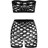 OYOANGLE Women's Hollow Out Mesh Lingerie Set 2 Piece Rhinestone Sparkly Strapless Bra and Shorts Set