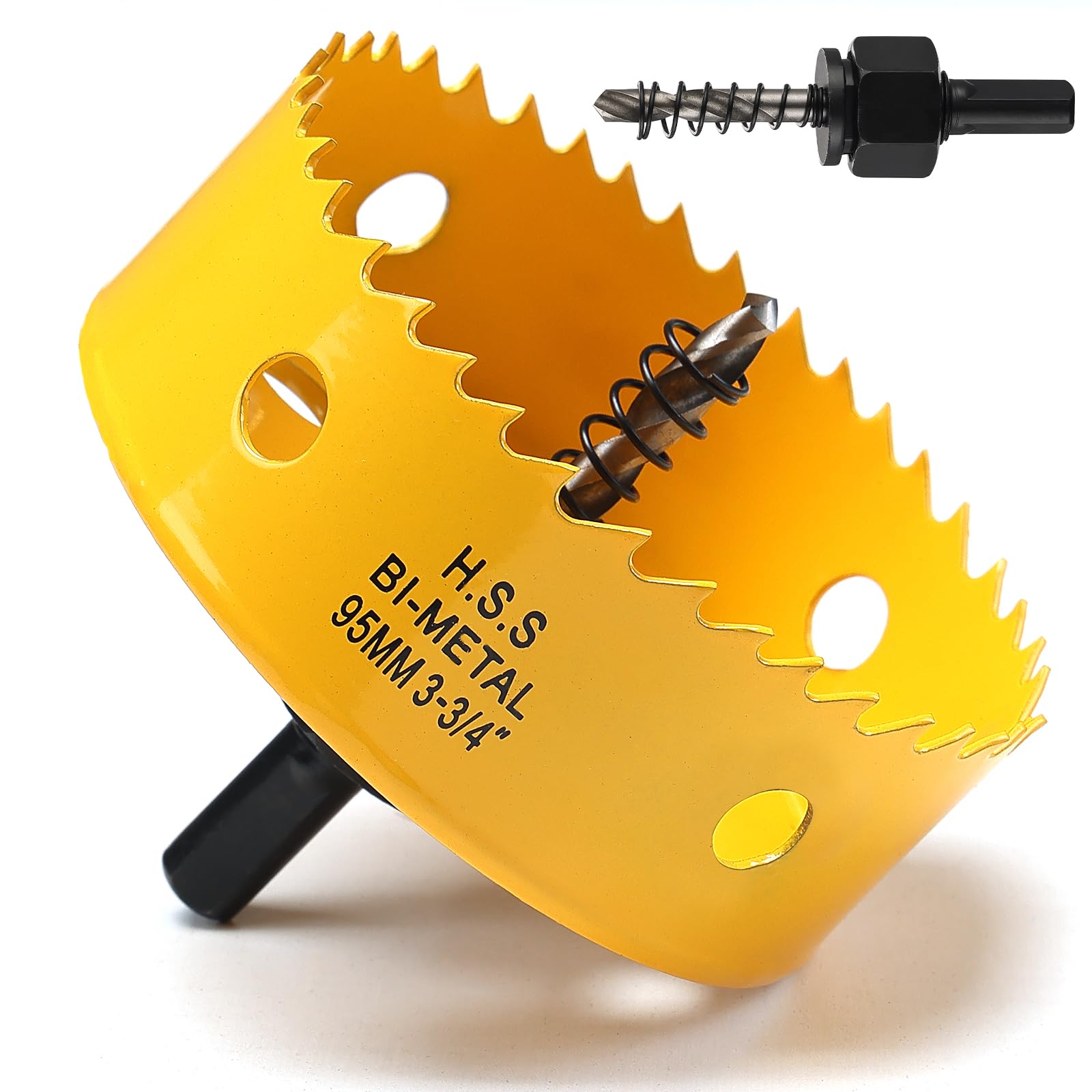 95mm Hole Saw, HSS Bi-Metal Hole Cutter with Drill Bit, Heavy Duty Hole Saw for Wood, Plastic, Drywall, Fiberglass, Yellow