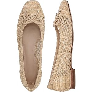 Tasteall Woven Ballet Flats Shoes for Women Raffia Square Toe Dress Shoes with Bow Comfortable Slip on Flats