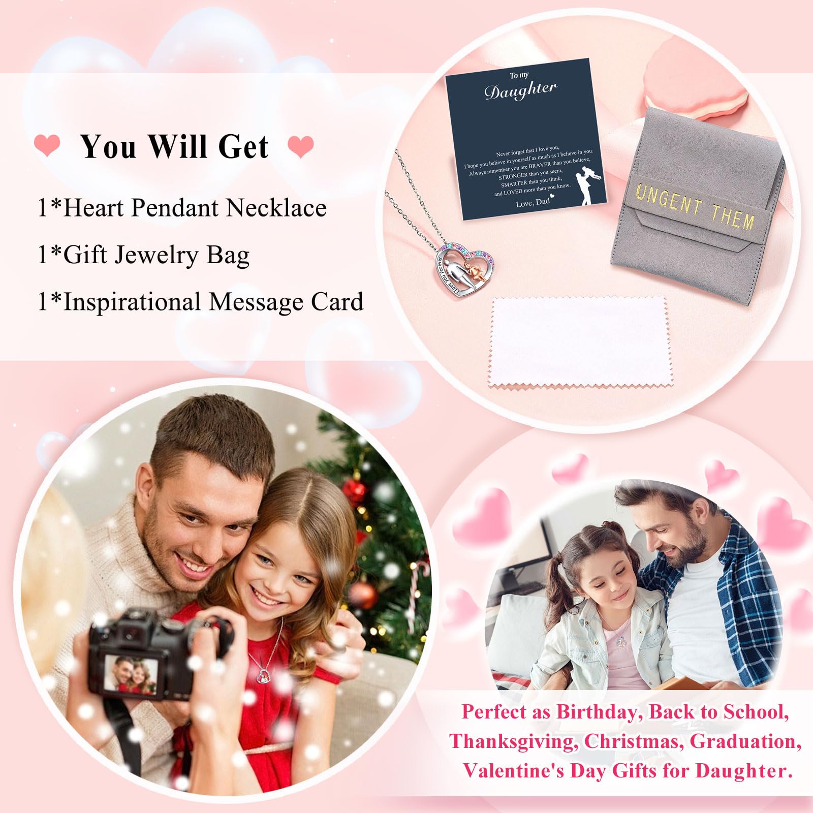 UNGENT THEM Daughter Necklace from Dad Daddy Father Valentines Birthday Gifts for Kids Girls Teen Tween Jewelry 8 10 12 13 14 16 11