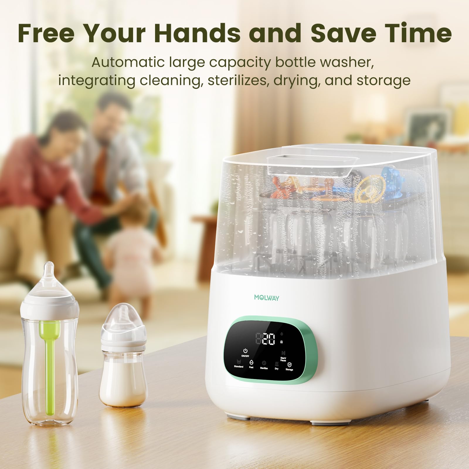 MOLWAY【Upgraded】Baby Bottle Washer, Sterilizer and Dryer, All-in-One Pro Cleaning Machine for Bottles, Pump Parts & Baby Essentials, Effortless Care, Replaces Hand Washing
