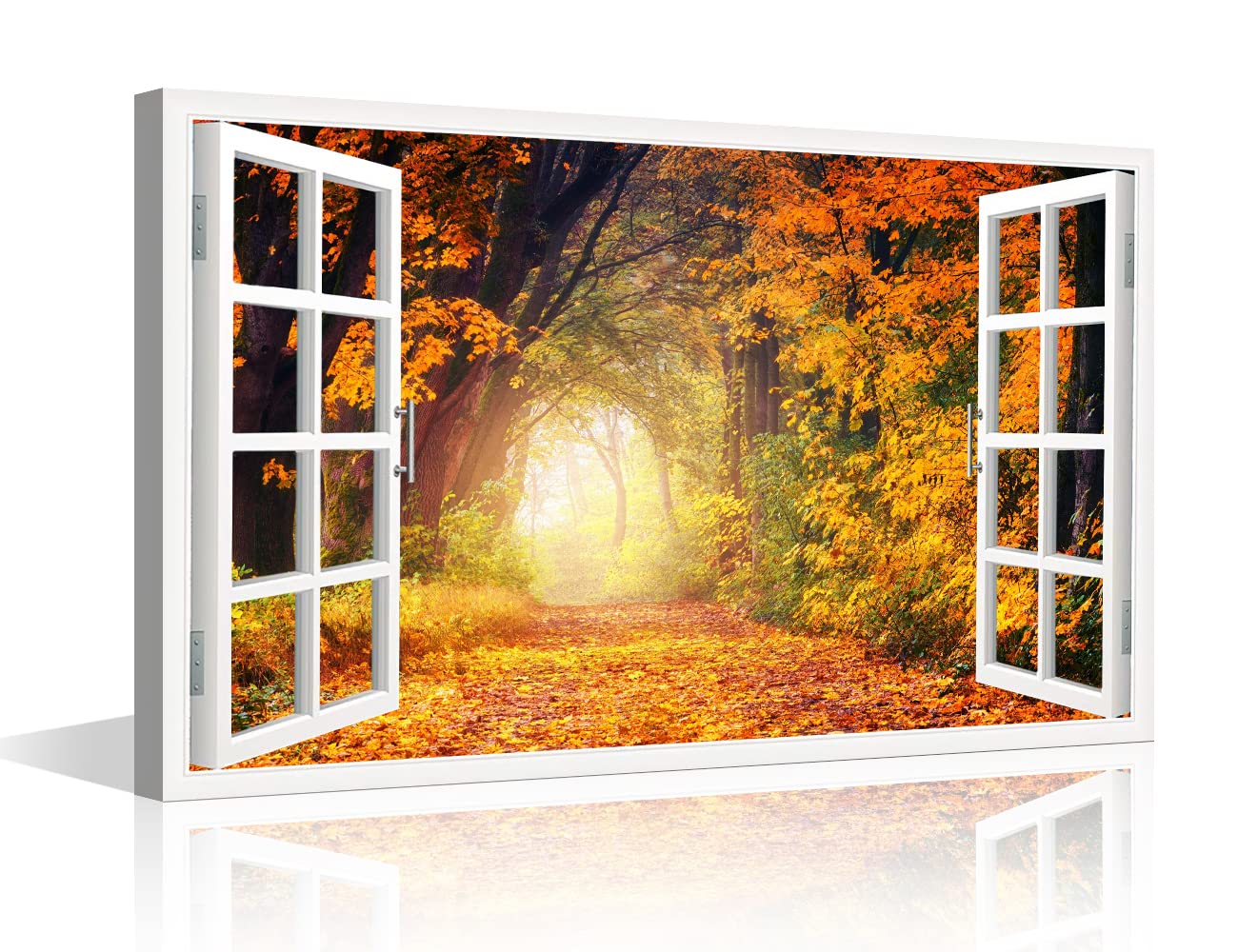Window View Wall Decorations for Living Room Modern Path Through Autumn Fall Season Tree Forest Wall Art Scenery Pictures for Bedroom Home Decoration Posters and Prints Ready to Hang (24"W x 16"H)