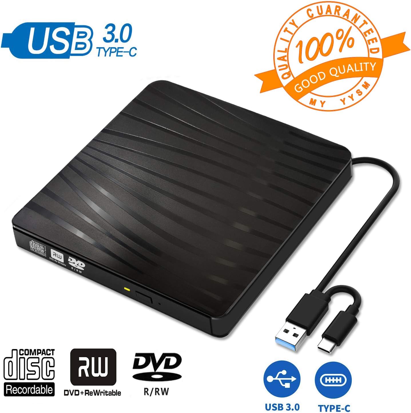 BDYING USB 3.0 External DVD Drive,Portable Slim USB 3.0&USB-C CD DVD +/-RW Drive Burner CD/DVD Player Writer,High Speed Transfer for Laptop MacBook Desktop iMac Mac OS Windows XP/7/8/10/Vista(Black)