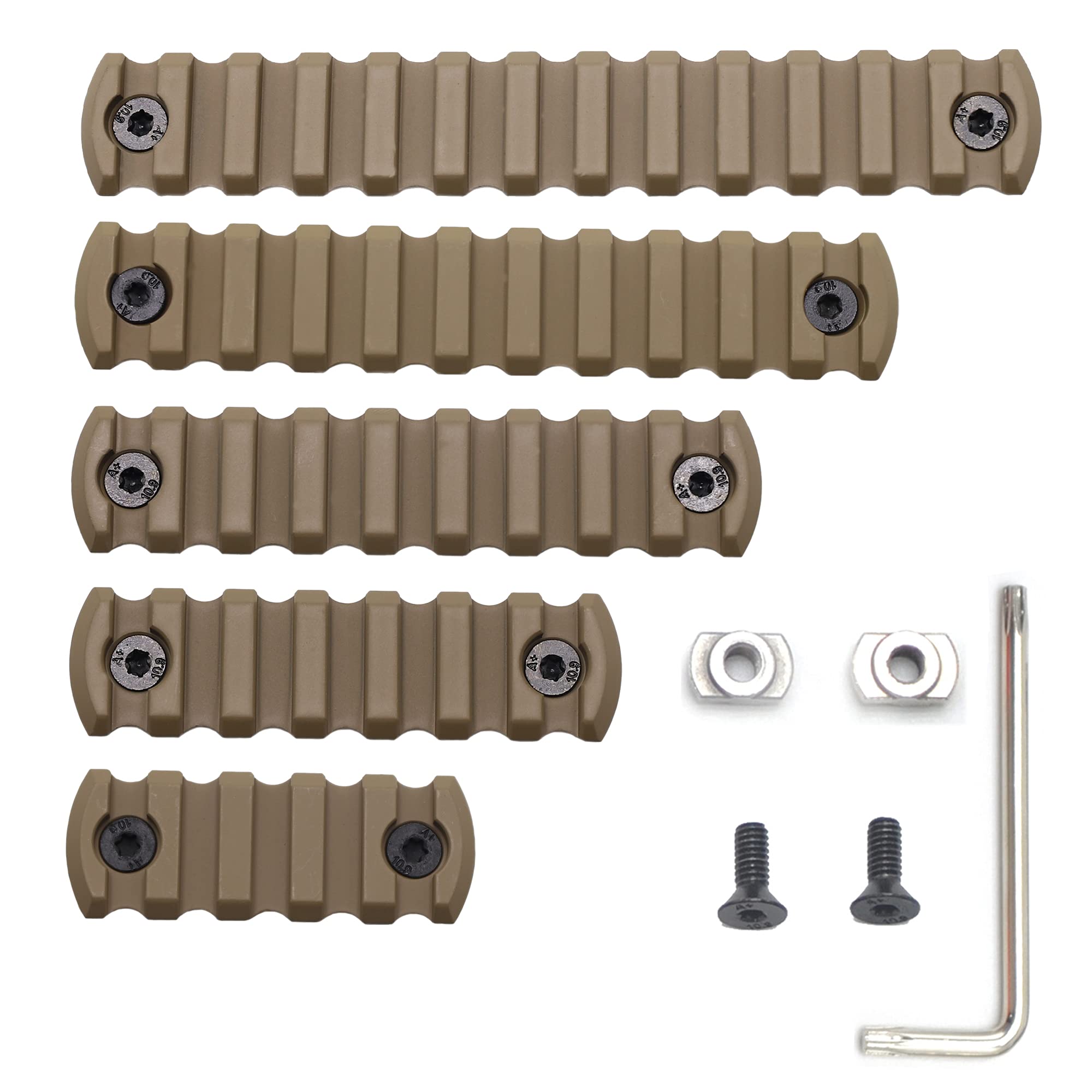 GOODTAC 5pcs Aluminum M-Lok Picatinny Rail, 5, 7, 9, 11, 13 Slot Lightweight MLok Picatinny Rail Section Accessories for M-LOK Compatible System with 10 T-Nuts & 10 Screws & 1 Allen Wrench (Tan)