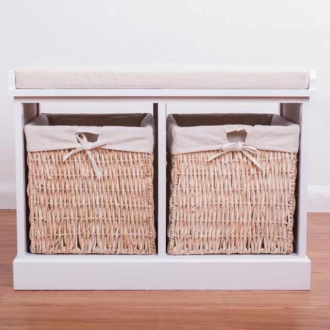 BTM 2 Seater Wooden Storage Bench Seagrass Wicker Storage Baskets in