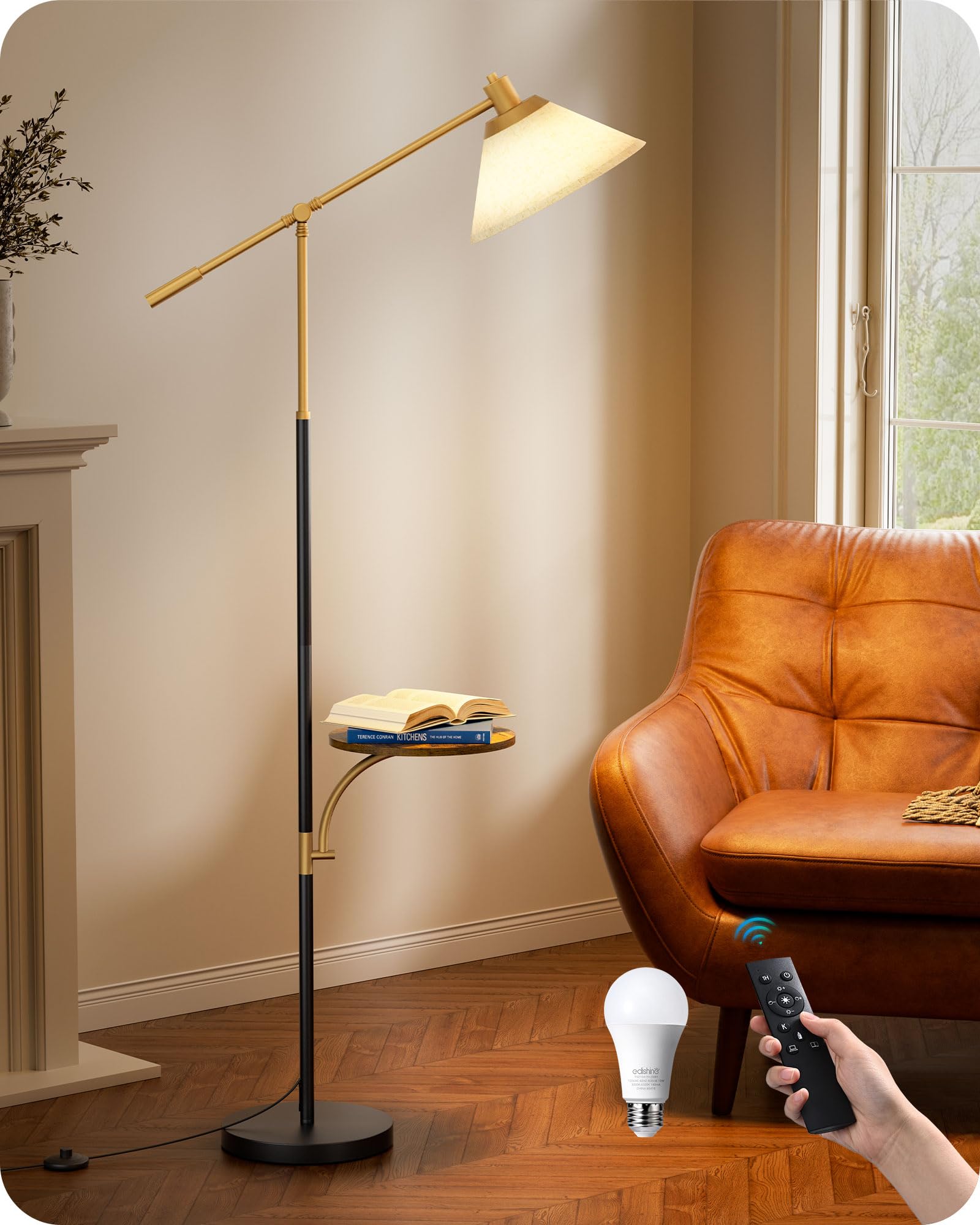 Photo 1 of *SCRATCHED PAINT* EDISHINE 68" Arc Floor Lamp with Table, Vintage Standing Lamp for Living Room with Tray, Height Adjustable, 5 Color Temperatures LED Bulb Included, Beige Shade, for Bedroom Office, Wood Grain