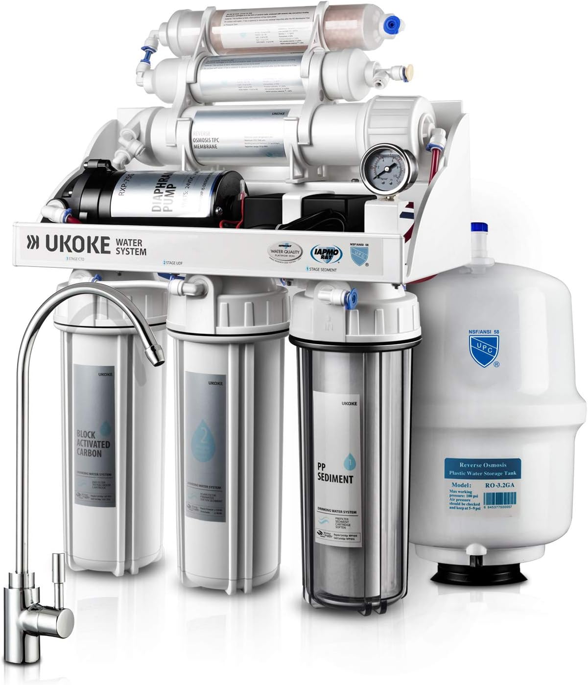 Ukoke RO75GP 6 Stages Reverse Osmosis Water Filtration System, Under Sink pH+ Alkaline Remineralizing RO filter & Softener, NSF/ANSI 58 & IAPMO Platinum Seal Certified, 75 GPD, White with Pump - - 