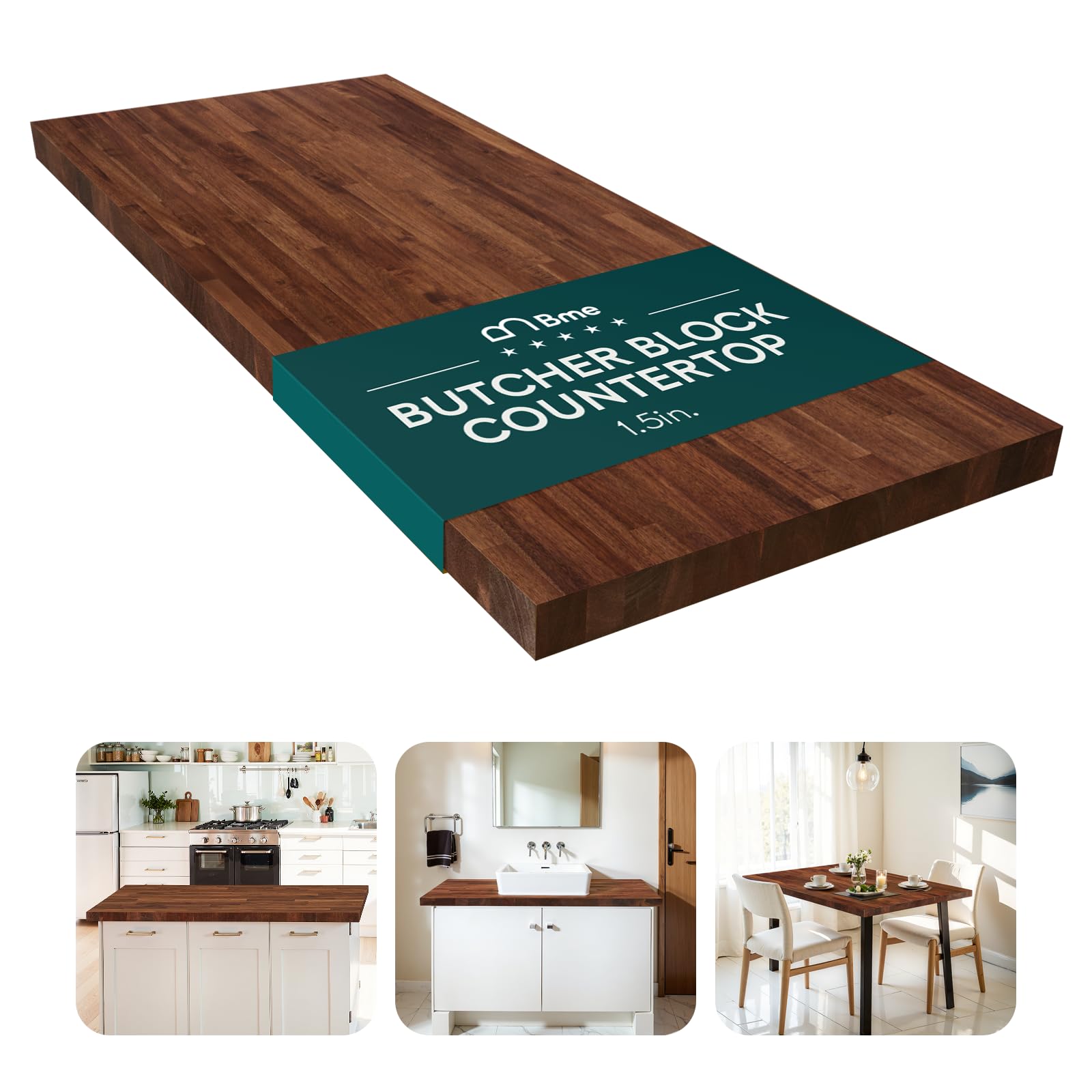 Photo 1 of Bme Hevea Solid Wood Butcher Block Countertop in Walnut, Walnut Butcher Block Table Top with UV Finish for DIY Washer Dryer/Island/Kitchen Countertop, 48" L x 25" W x 1.5" Th