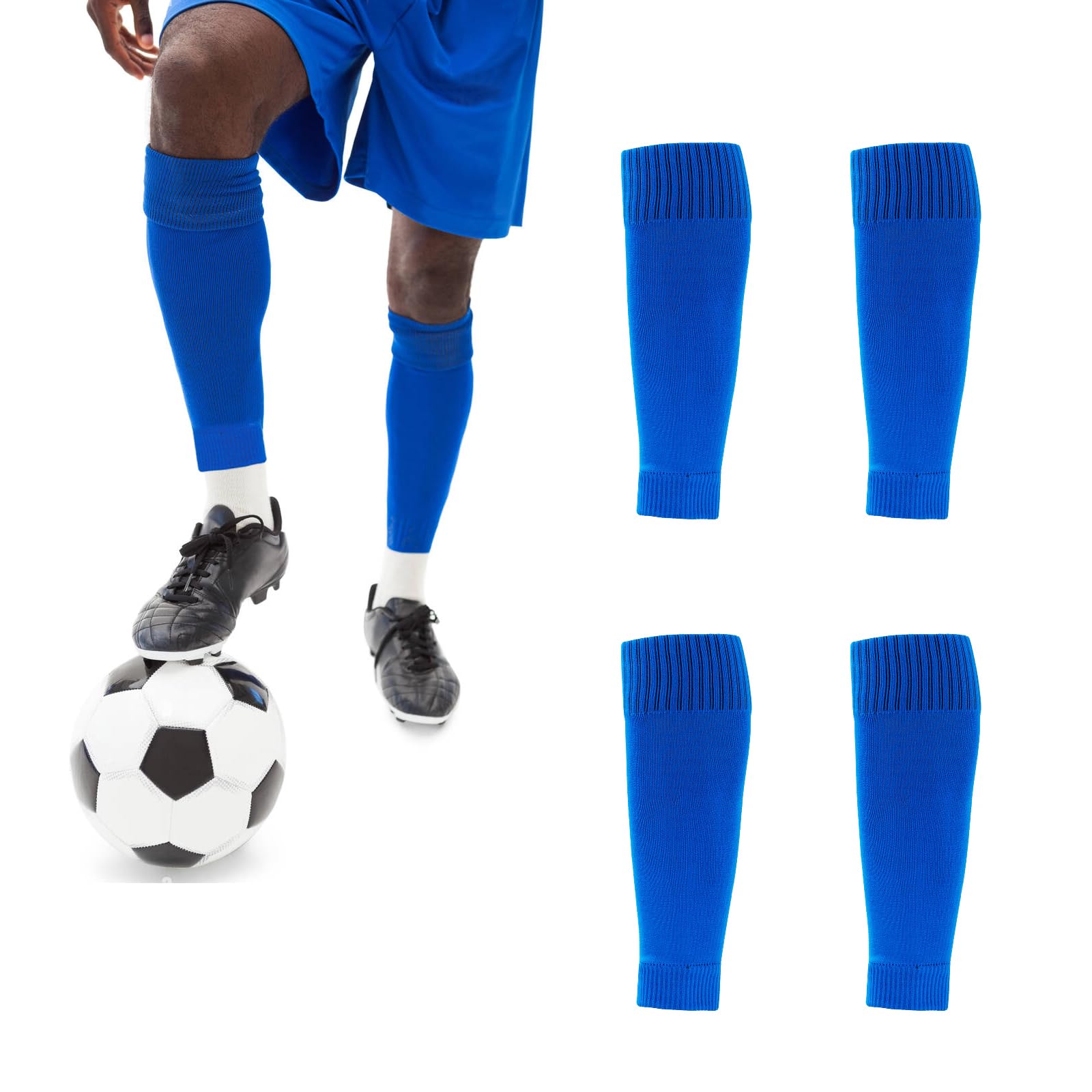 2 Pairs Football Sock Sleeves, Soccer Shin Guards Sleeves, Team Leg Sock Cut Socks for Football Games Beginner (Blue Adult)
