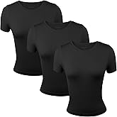 Common Stitch 3 Pack Stretch Workout Tee Shirts for Women, Ribbed Crewneck Womens Short Sleeve Yoga Tees (Available in Plus)