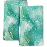 Bapcoku Teal Gold Marble Kitchen Towels Decorative Set Green Turquoise Bath Hand Towel Set of 2 Soft Absorbent Modern Tea Towels Gifts for Kitchen Home Decorations 16 x 24 Inch
