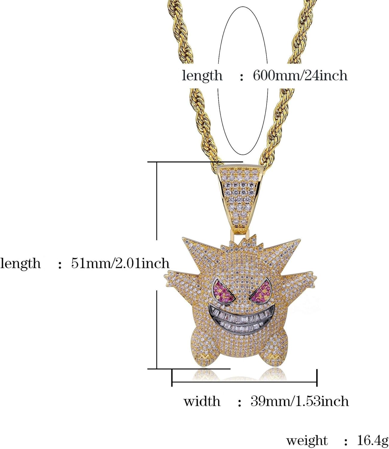 KMASAL Jewelry Unisex Exquisite Bubble Gengar Pendant Hip Hop Iced Out Rhinestone Crystal Necklace 18K Gold Plated with 24” Stainless Rope Chain for Men Women (Silver): Clothing