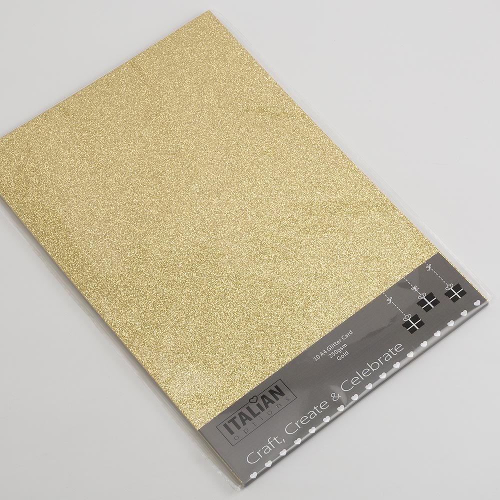 Italian Options Non-Shed Glitter Cardstock Paper, Sturdy Glitter Card for Electronic Die-Cutter Machines, Christmas Crafts and Card Making Supplies, 10 Coloured Sheets, A4, 250gsm, Gold