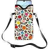 GLOBLELAND Flower Nylon Cell Phone Sleeve Pouch Case Bag 7.1×3.9 inch Leopard Print Shockproof Universal Phone Bag with Crossbody Strap Neck Lanyard for Women Men Phone Headphones Watch