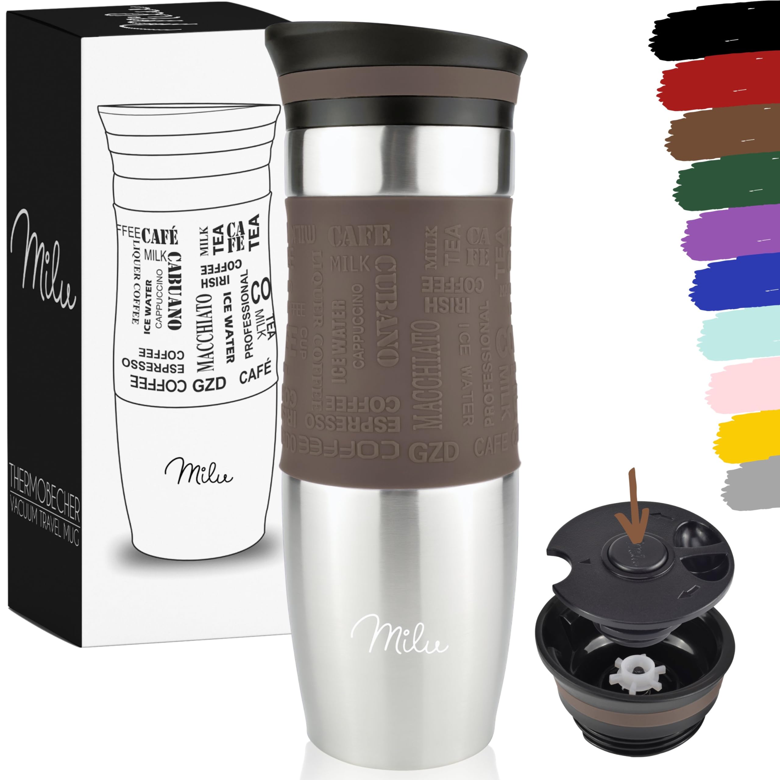 Milu Insulated Coffee Mug to Go - 100% Leak Proof - Stainless Steel - Double Wall Insulation - Travel Mug - Brown, 450ml