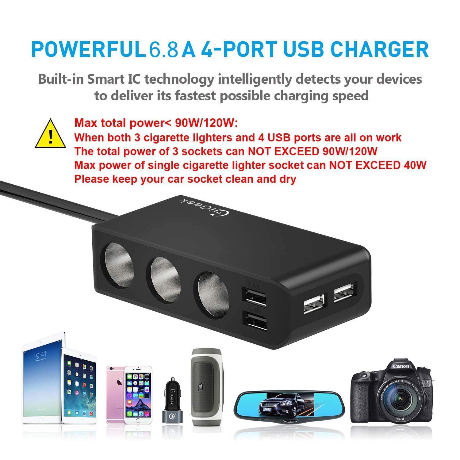 Tesla\'s 3-Socket Cigarette Lighter Car Charger, [Built in Temperature Smart Detection] 120W Car Power Adapter 12V/24V DC Outlet with 6.8A 4-Port Car Charger for GPS, Dash Cam, Radar Detector, Sat Nav; iPhone, Samsung, iPad, Kindle and Othe