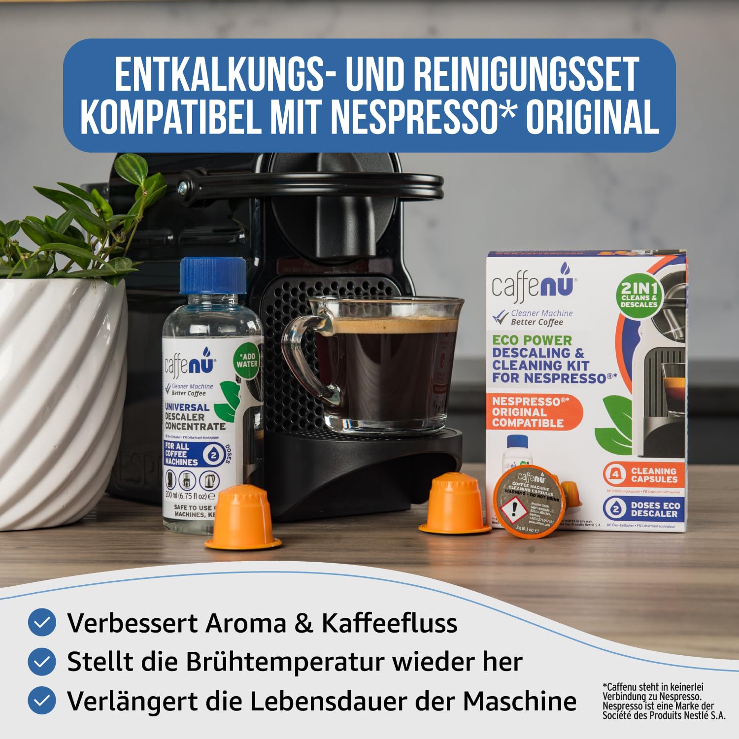 Caffenu Nespresso Original kompatibles Reinigungs-Set | 2x Flüssig Entkalker | 4x Reinigungskapseln | Verhindert Maschinenausfälle | Natürliche Formel | Für perfekten Kaffeegenuss | 4-Monats-Packung 3