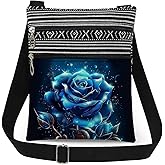 XiaoGalaee Blue Rose Crossbody Bag Blue Floral Starlight Print Adjustable Shoulder Strap Women Messenger Bag Women Valentine's Day Gift Travel Double-layered Crossbody Purse Birthday Gift for Her
