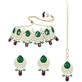 Aheli Gold Plated Kundan Studded Ethnic Choker Necklace Dangle Earrings Maangtikka Set Traditional Fancy Jewellery Gift for Women