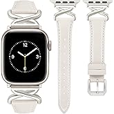 JR.DM Leather Bands Women Compatible with Apple Watch 40mm 38mm 44mm 45mm 41mm 42mm 46mm 49mm Dressy Designer Strap with X-Shaped Metal Crown for iWatch Series Ultra/SE/11/10/9/8/7/6/5/4/3/2/1 Starlight