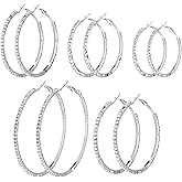 5 Pairs Large Rhinestone Hoop Earrings Set 3-7 cm Big Sparkly Round Hoops Silver Crystal Sparkly Bling Thin Round Party Earrings Lightweight Earring Jewelry for Women Jewelry Party Wedding Date Gift
