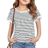 Haloumoning Girls Striped Ruffle Short Sleeve T Shirts Kids Summer Crewneck Tops Casual Tees 5-14 Years