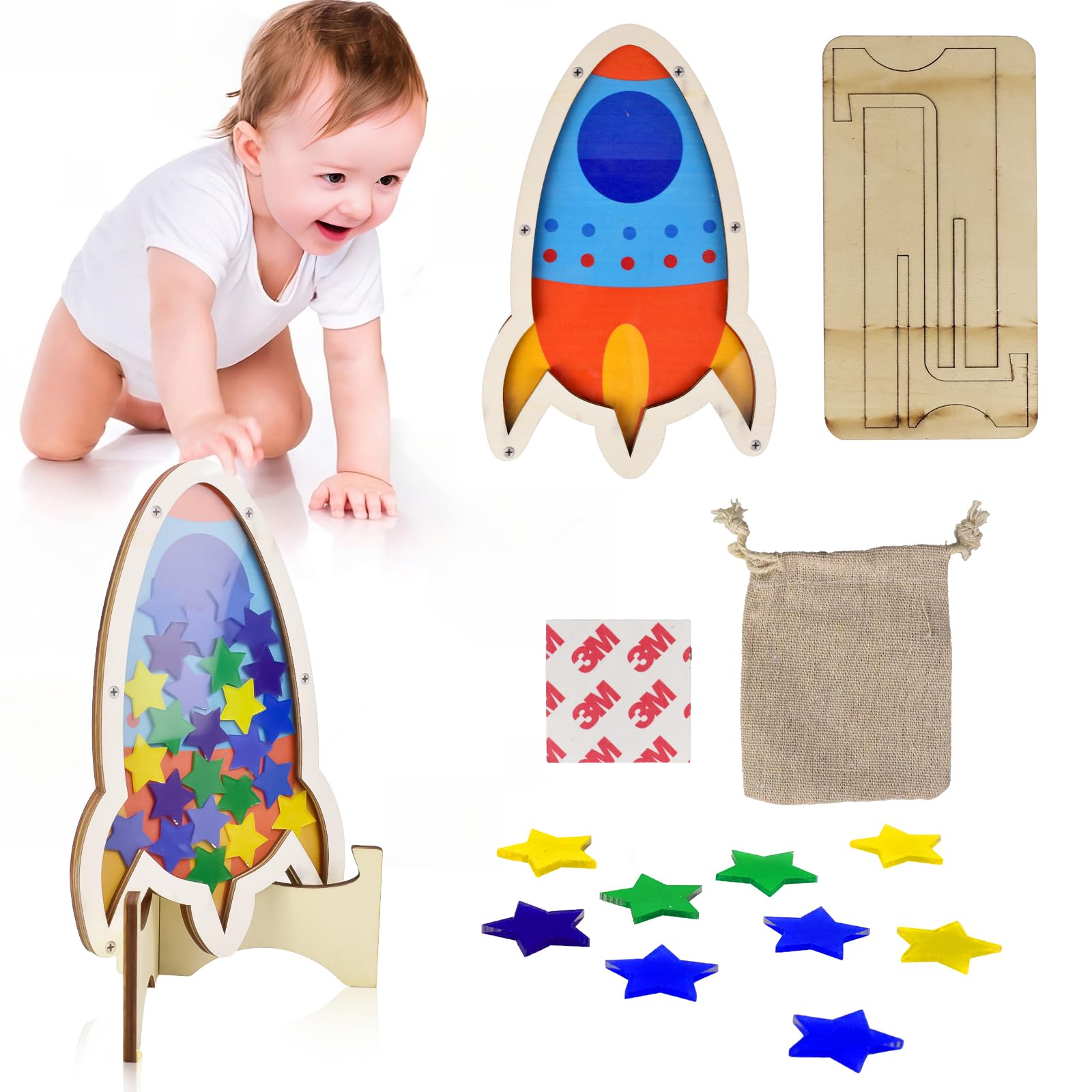 Reward Jar with Star Tokens, Reward Charts for Children Behaviour Potty Training and Daily Chores Reward Chart for Kids,Space Rocket-Themed Reward Cans And Charts, for Classrooms(Rocket Star)