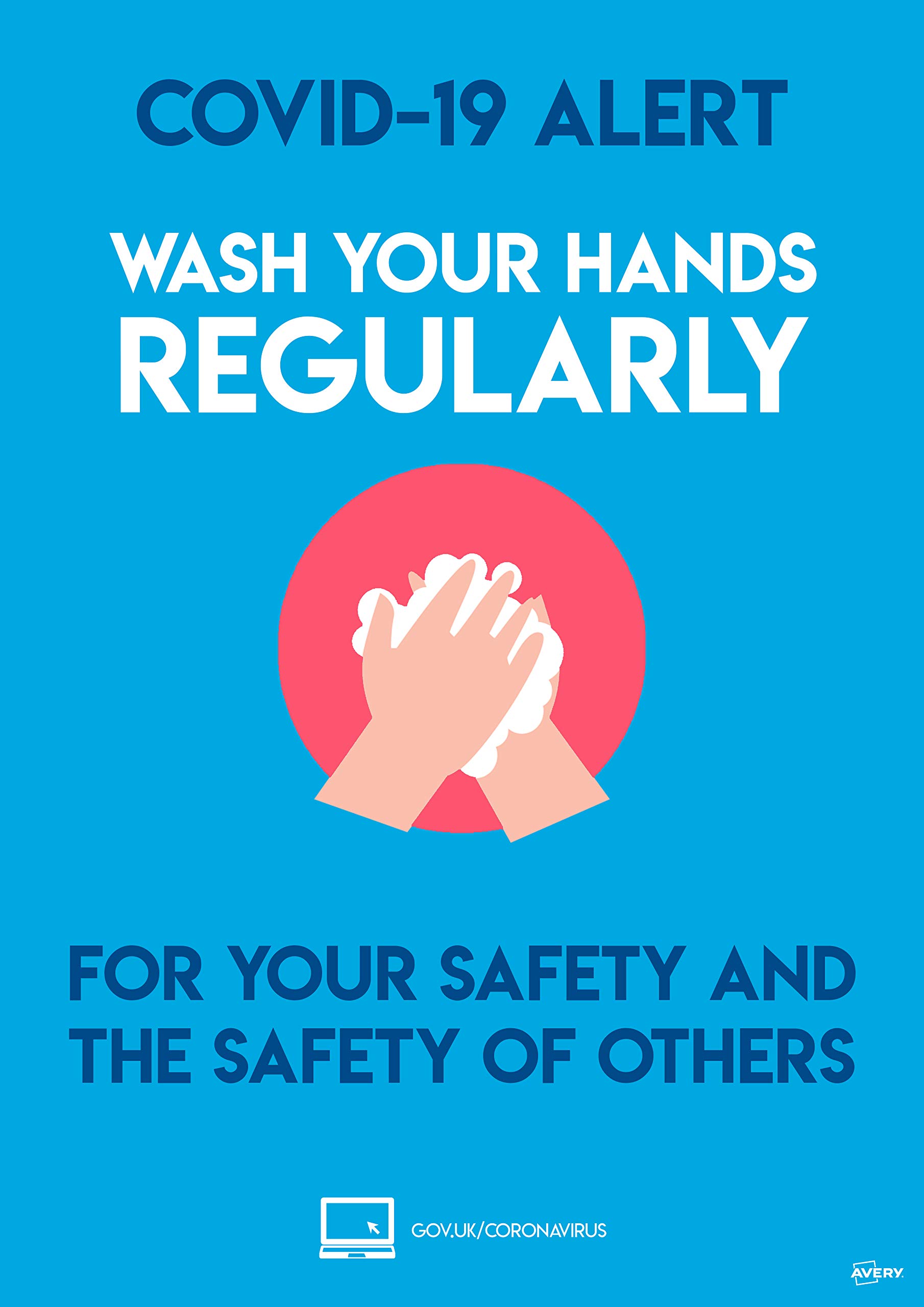 Avery Wash Hands A4 Label Sign 297mm x 210mm, 2 self-Adhesive Posters per Pack, COVWHA4