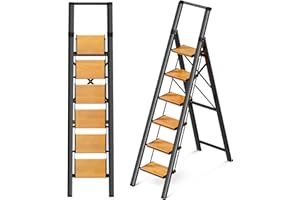 GameGem 6 Step Ladder, Aluminum Folding Step Stool with Anti-Slip Sturdy and Wide Pedal, Portable Lightweight Step Ladder with Handgrip for Indoor Outdoor Use, 330 lbs Capacity, Black Woodgrain