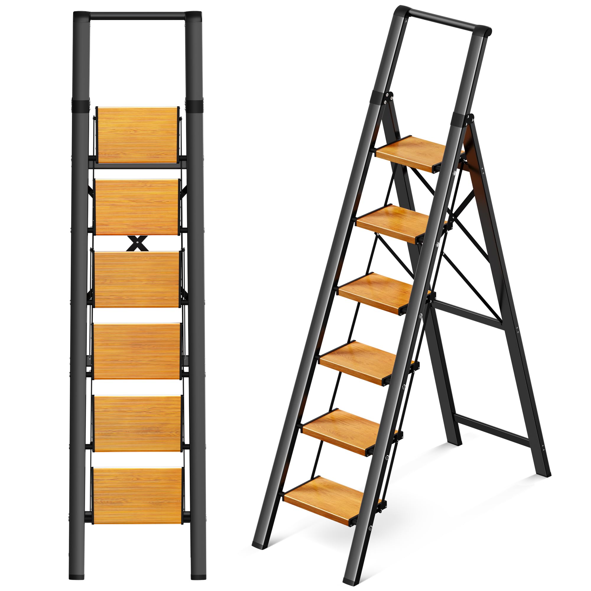 Photo 1 of GameGem 6 Step Ladder, Aluminum Folding Step Stool with Anti-Slip Sturdy and Wide Pedal, Portable Lightweight Step Ladder with Handgrip for Indoor Outdoor Use, 330 lbs Capacity, Black Woodgrain