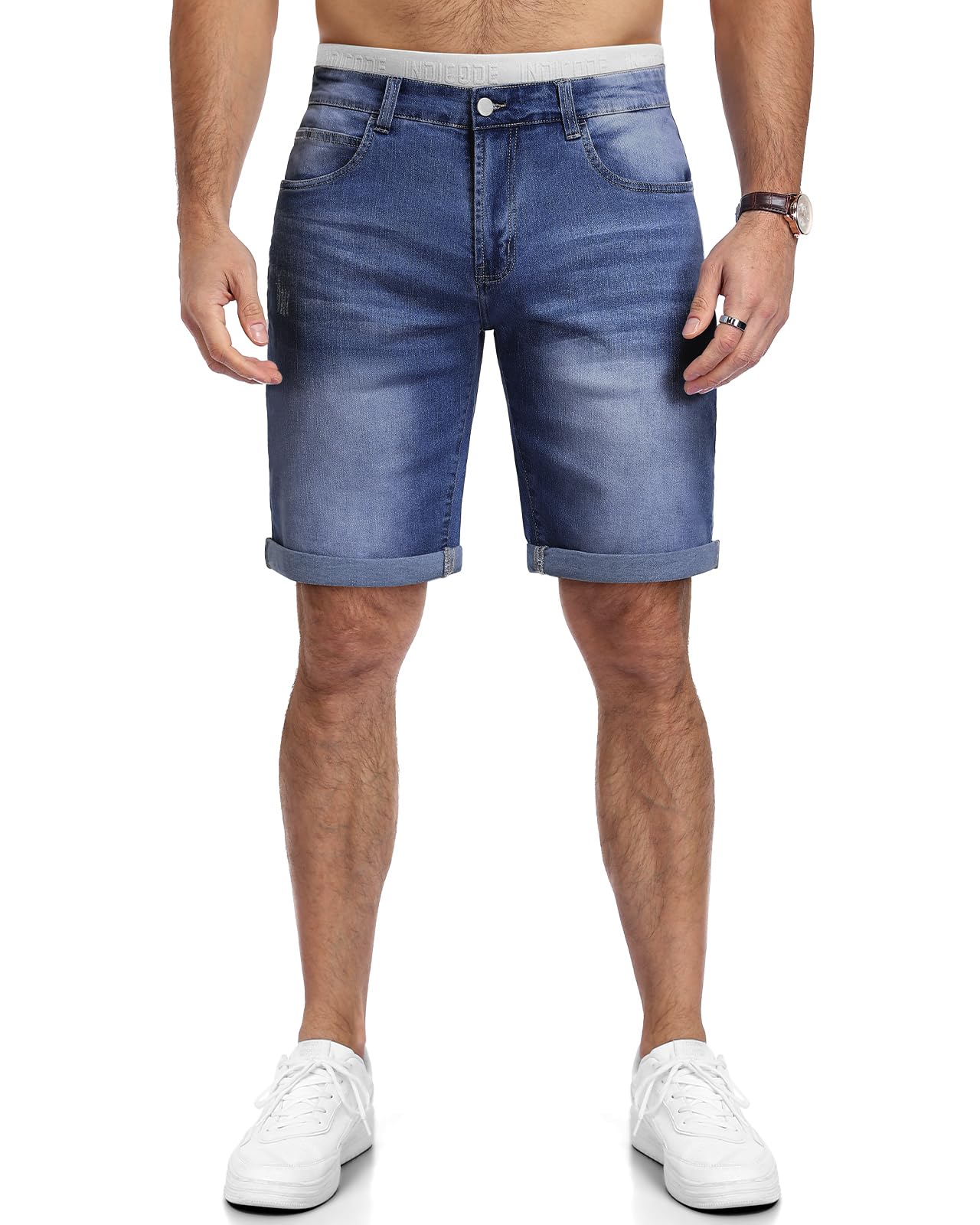 HMIYA Kurze Hosen Herren Jeans Shorts Baumwolle Sommer Freizeitshorts Stretch Regular Fit Jeansshorts mit Taschen(Medium Indigo,EU-L) 2