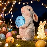 WONDHOME Solar Easter Rabbit Garden Statues Bunny Figurine Outdoor Easter Decorations Resin Bunny Statue with Egg Changing LED Lights for Porch Patio Lawn Yard Gardening Gifts for Mom Grandma