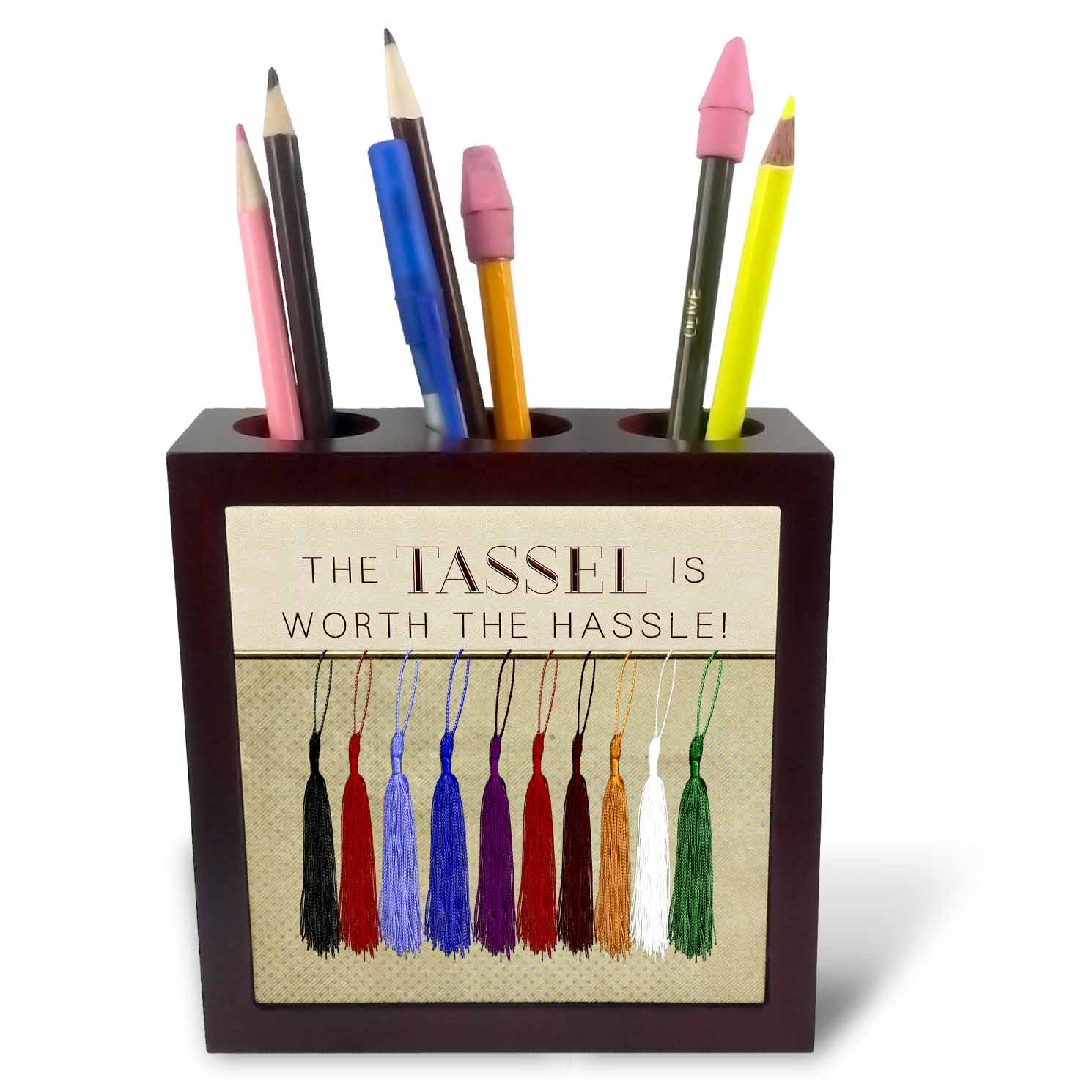 3dRose ph_234607_1 5-Inch the Tassel is Worth the Hassle Colourful Tassels Tile Pen Holder - Gold