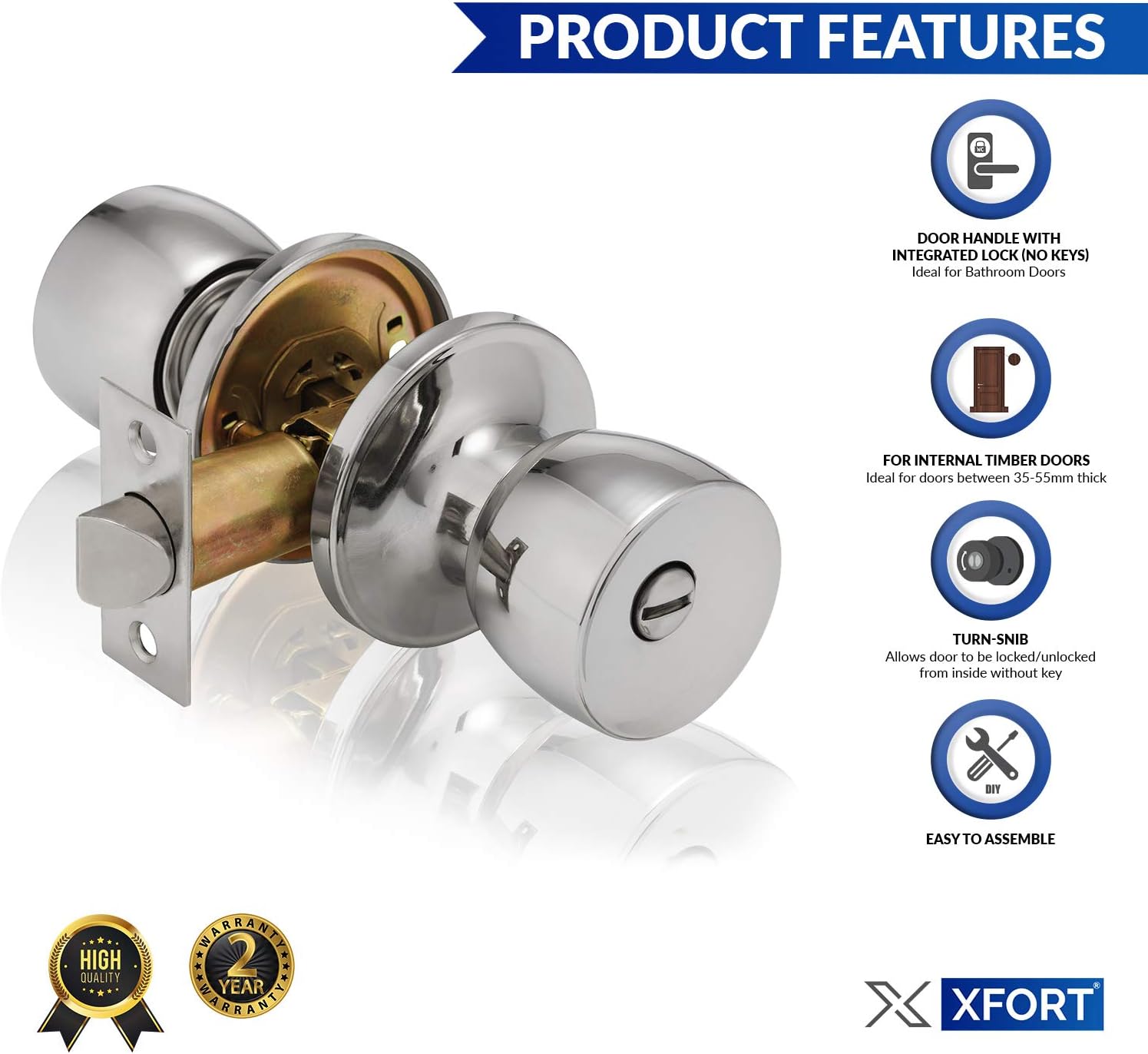 XFORT Tulip Privacy Knob Set Polished Chrome, Keyless Door Knob with Lock for Internal Wooden Bathroom Doors - Image 5