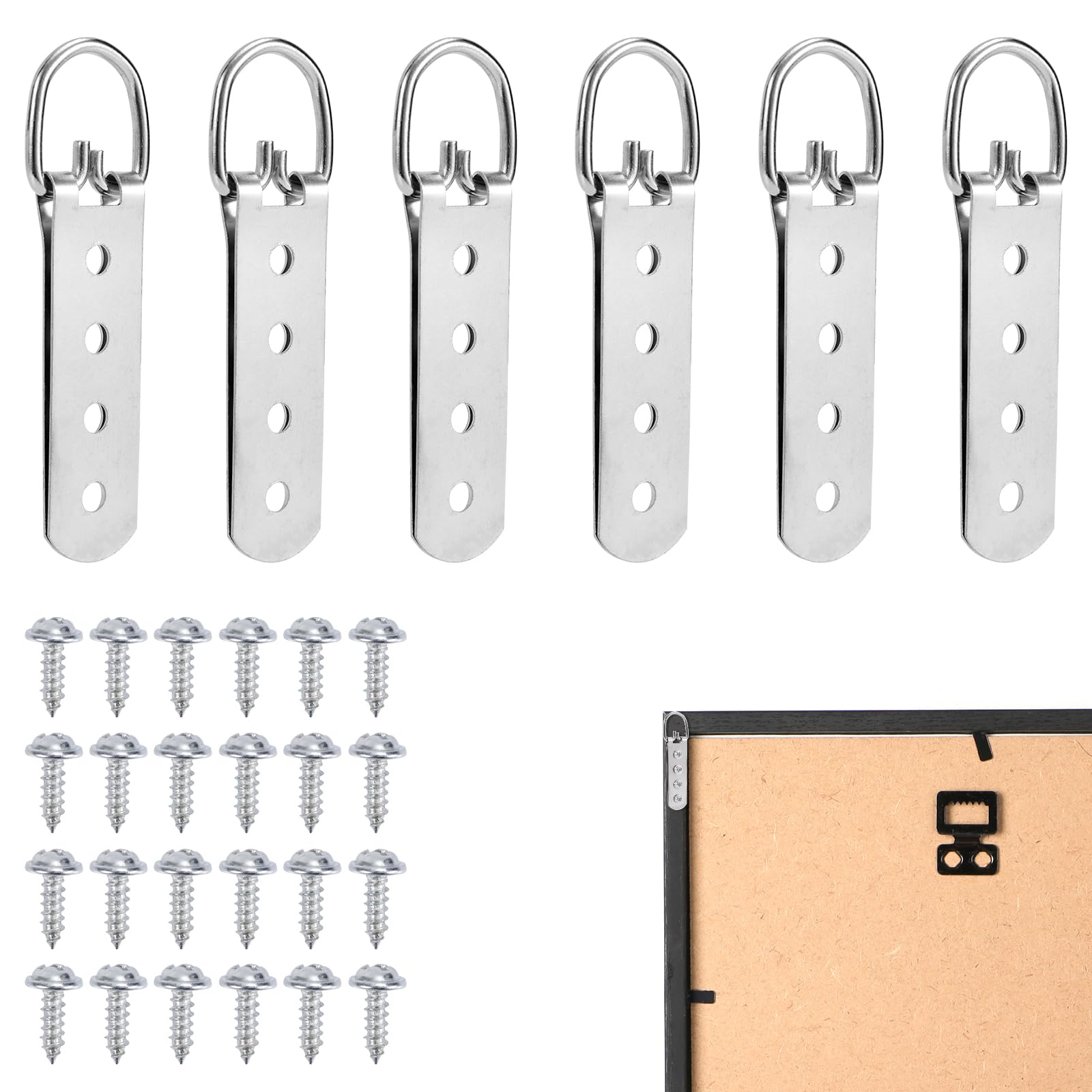 6pcs Heavy Duty D-Ring Picture Hangers with Screws, 4 Holes D Ring Hooks Picture Hang Solutions D Ring Picture Frame Hanger for Hanging Pictures Photo Frame Whiteboard Mirror Paintings