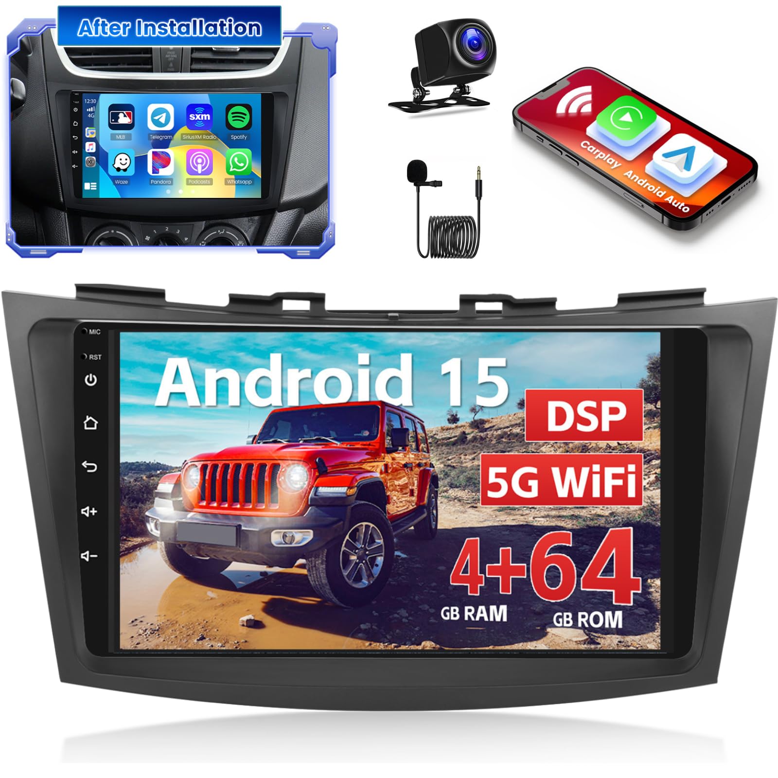 Photo 1 of [4+64G] Android 15 Car Stereo for Suzuki Swift 2011 2012 2013 2014 2015 2016 2017, [DSP] Hikity 9'' IPS Touchscreen Swift Radio Wireless Carplay Android Auto 5G WiFi/Bluetooth 1280*720P/FM Backup Cam