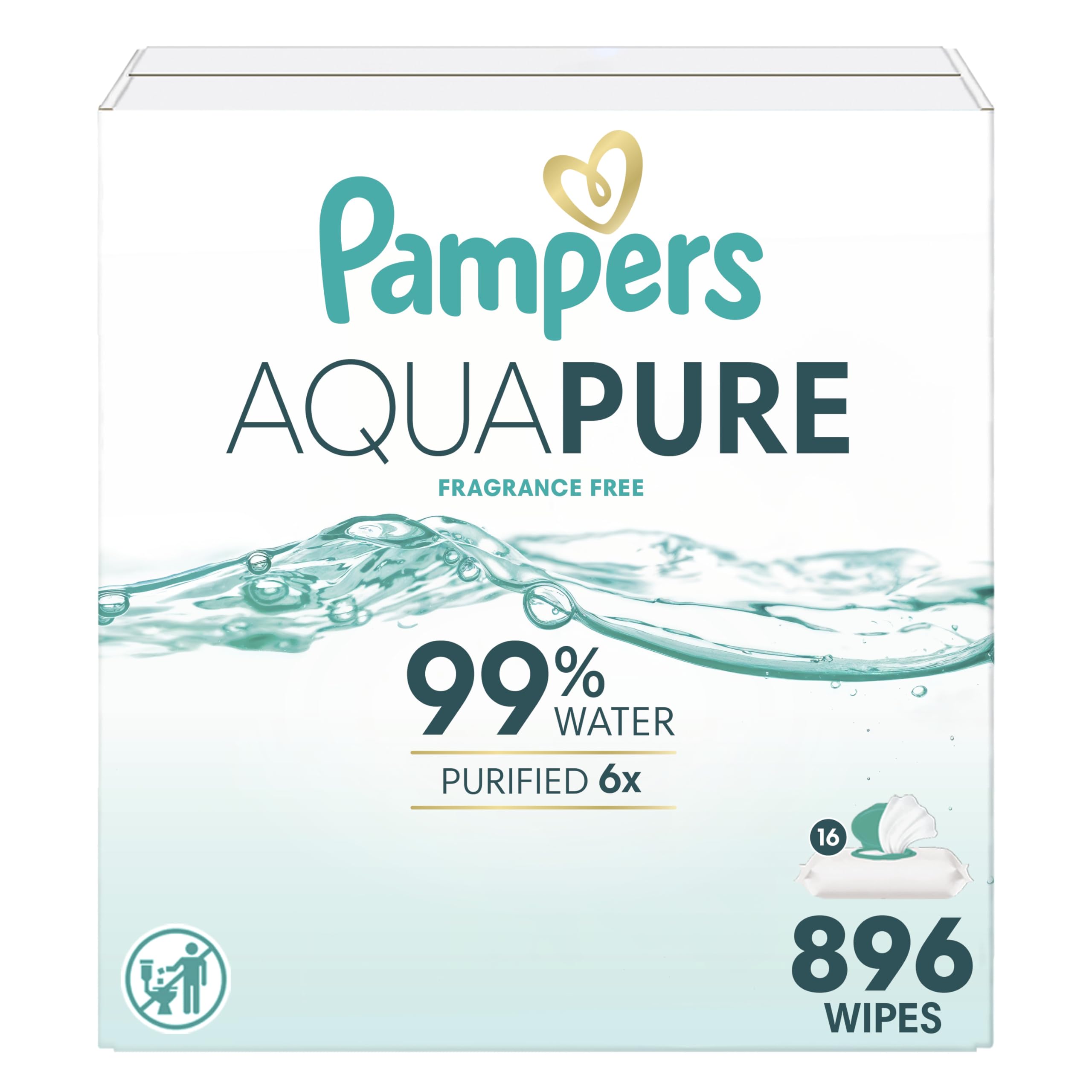 Pampers Aqua Pure Baby Wipes, 99% Water, Fragrance Free, Unscented, Water Based, Multi-Use, 896 Wipes Total (16X Flip-Top Packs) [Packaging May Vary]