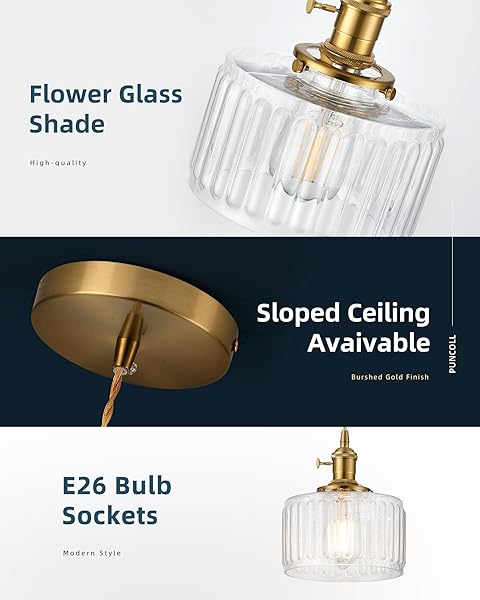 PUNCOLL VINTAGE PENDANT LIGHTING FOR KITCHEN ISLAND – GOLD PENDANT LIGHT WITH STRIPED GLASS – ADJUSTABLE HANGING LIGHT FOR DINING ROOM HALLWAY, H2508-CL