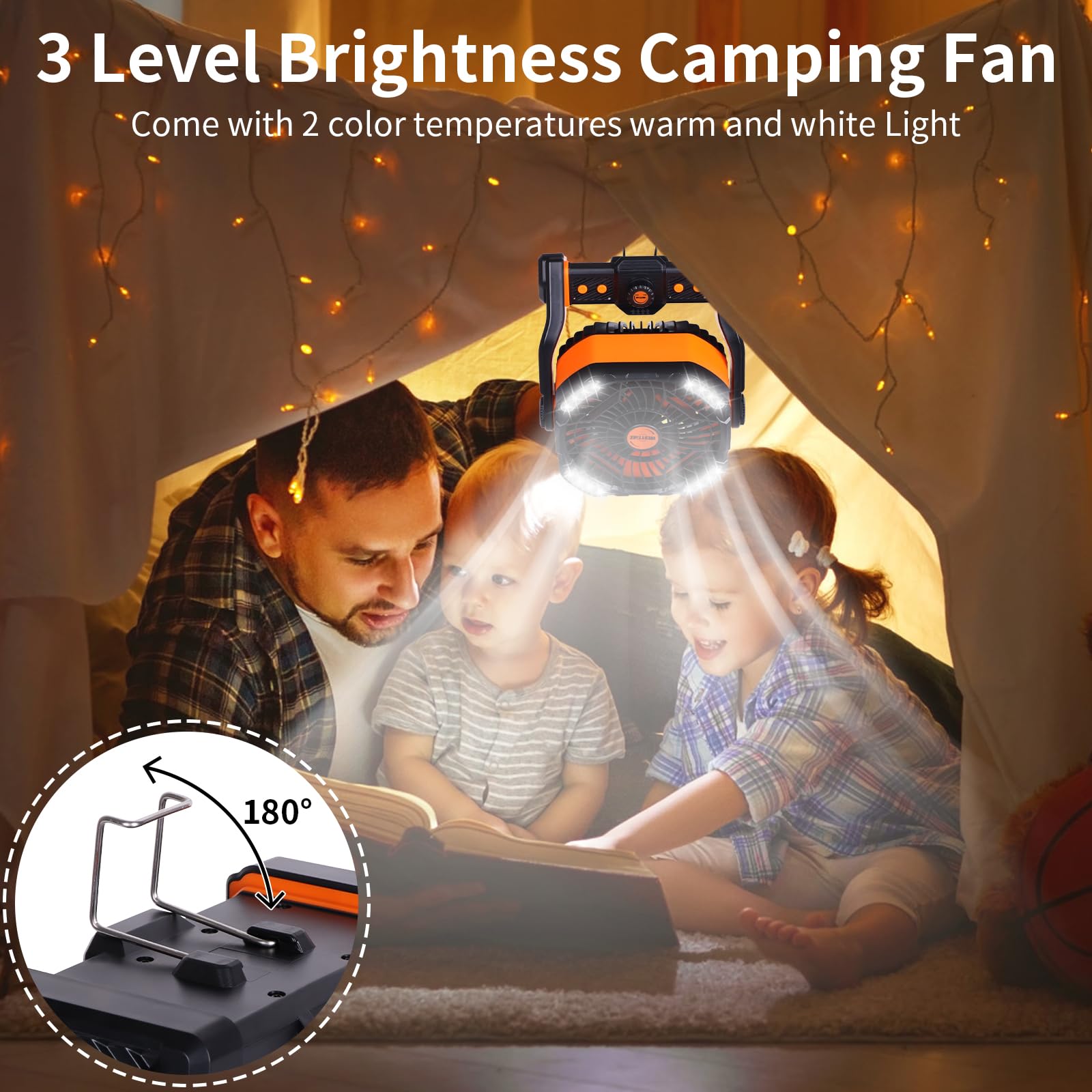 20000mAh Battery powered fan Camping Fan essentials Portable fan Battery OperatedRechargeable Outdoor Tent with Light & Hook Personal USB Desk for Camping,Orange