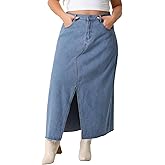 Agnes Orinda Women's Plus Size Vintage Denim Maxi Skirt Frayed Raw Hem High Waist Front Slit Long Jean Skirts